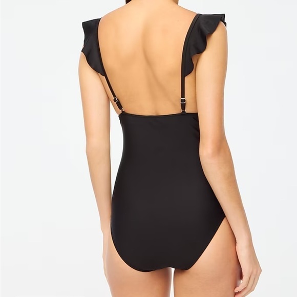 J Crew Factory Ruffle-shoulder V-neck one-piece swimsuit Black size M NWT BG217 - Picture 3 of 11